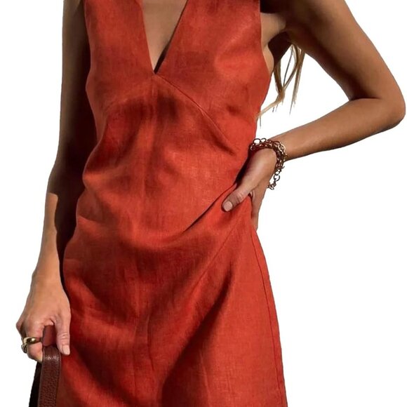 Womens Summer Linen Cotton V Neck Short Dress Mini Casual Sleeveless - Picture 1 of 6